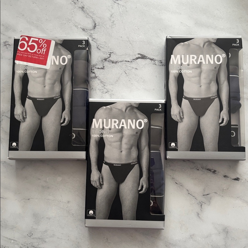 Murano 100% Cotton Thong Underwear 3 Boxes - 9 Thongs Total - Blue Black Gray XL